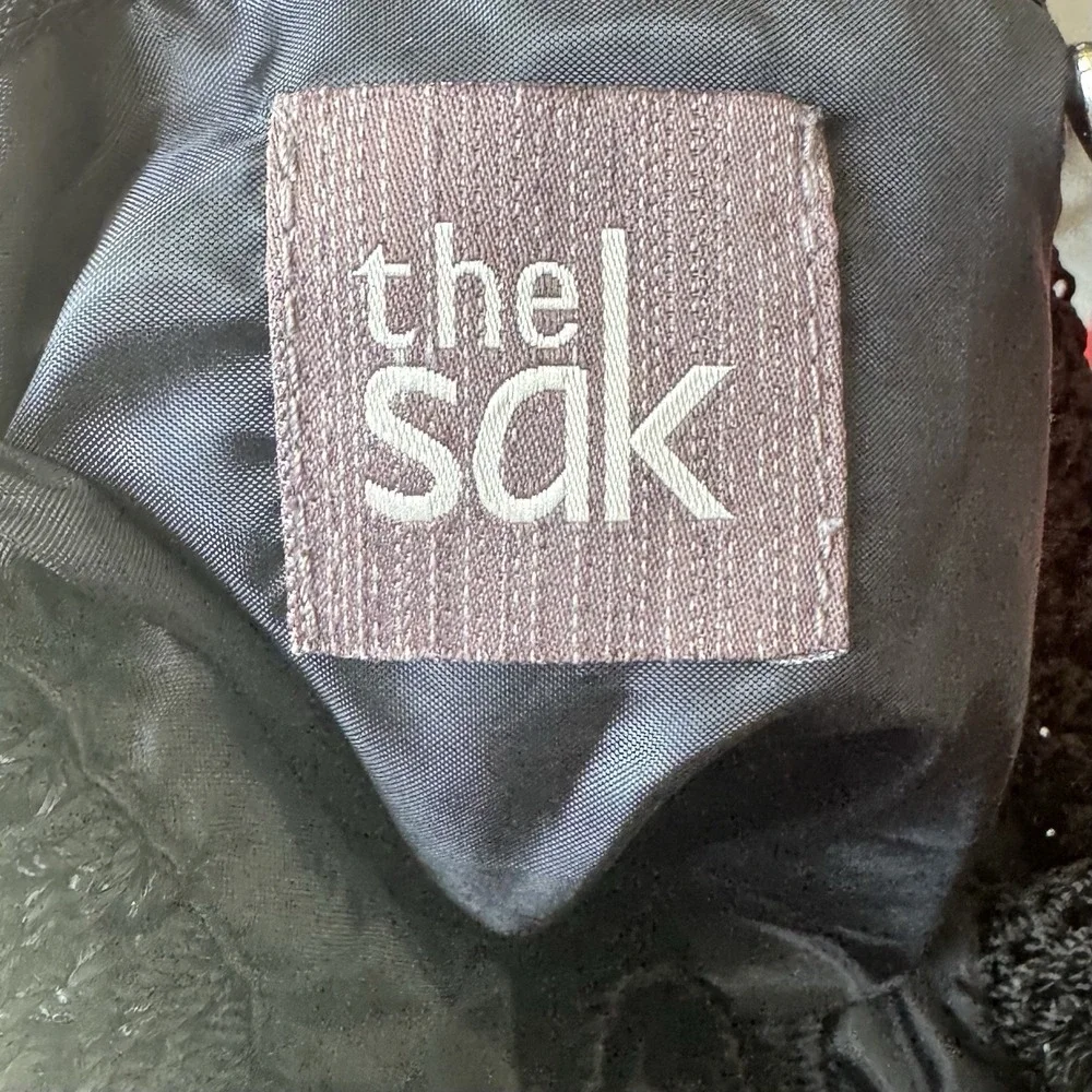 THE SAK Crochet Drawstring Purse Backpack Black Bucket Handbag Excellent